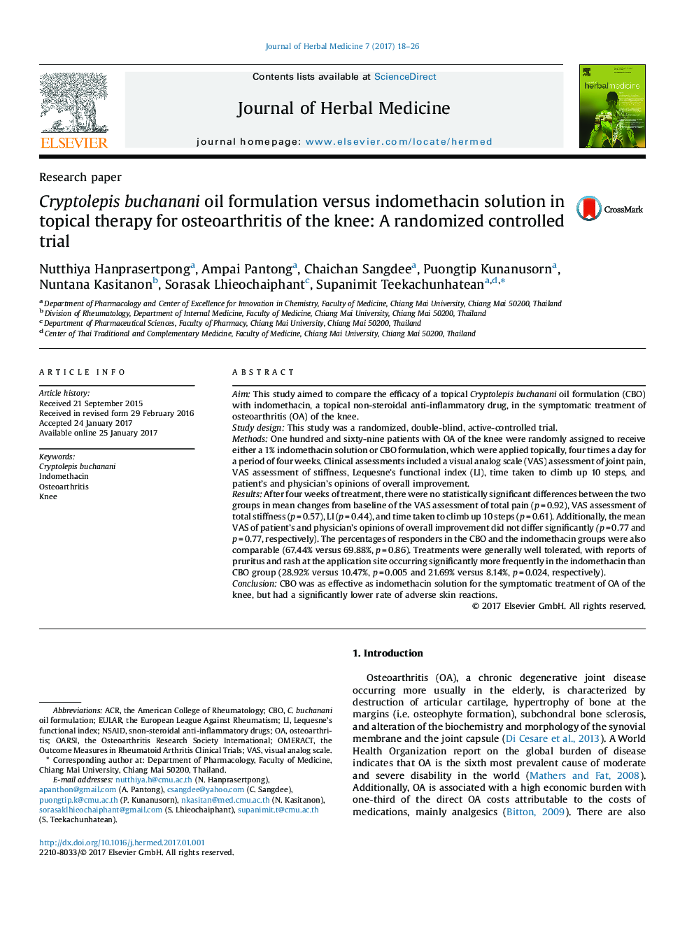 Cryptolepis buchanani oil formulation versus indomethacin solution in topical therapy for osteoarthritis of the knee: A randomized controlled trial