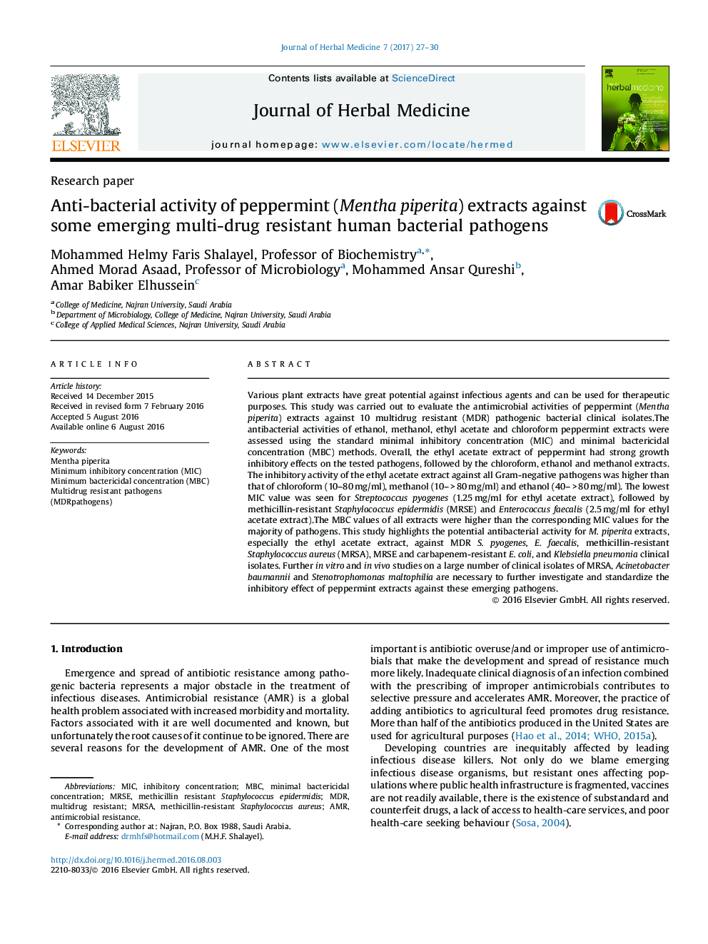 Anti-bacterial activity of peppermint (Mentha piperita) extracts against some emerging multi-drug resistant human bacterial pathogens