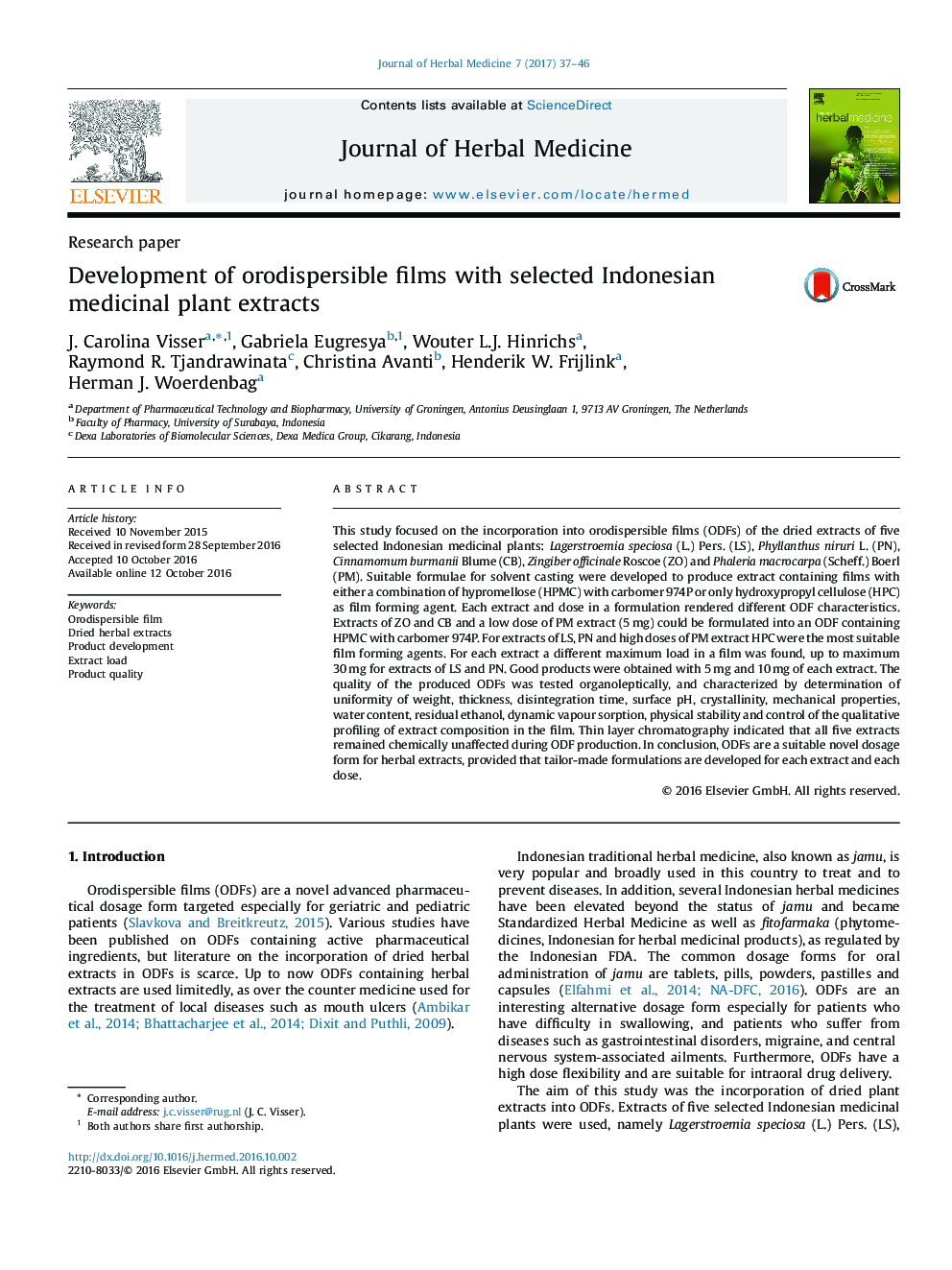 Development of orodispersible films with selected Indonesian medicinal plant extracts
