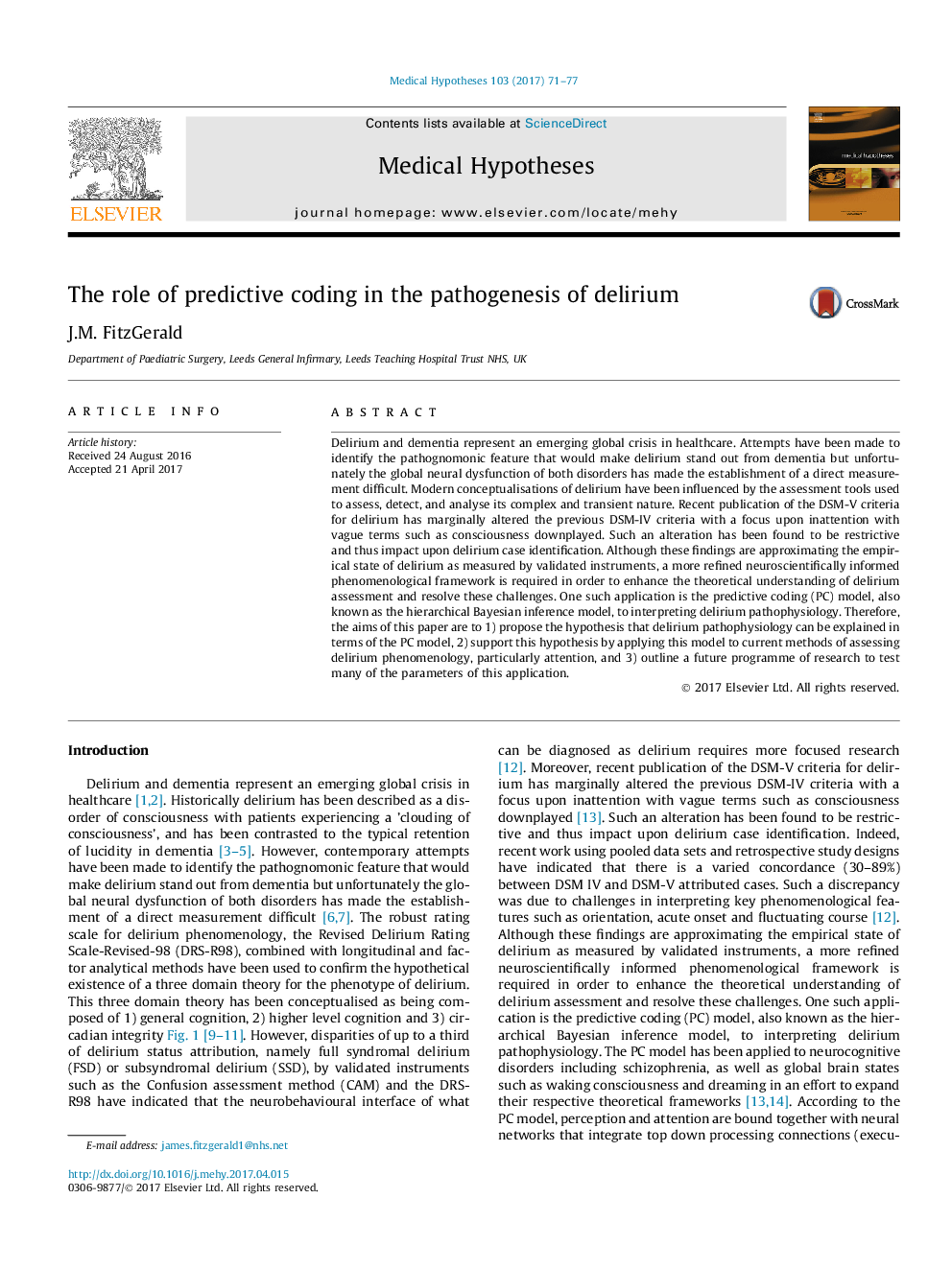 The role of predictive coding in the pathogenesis of delirium