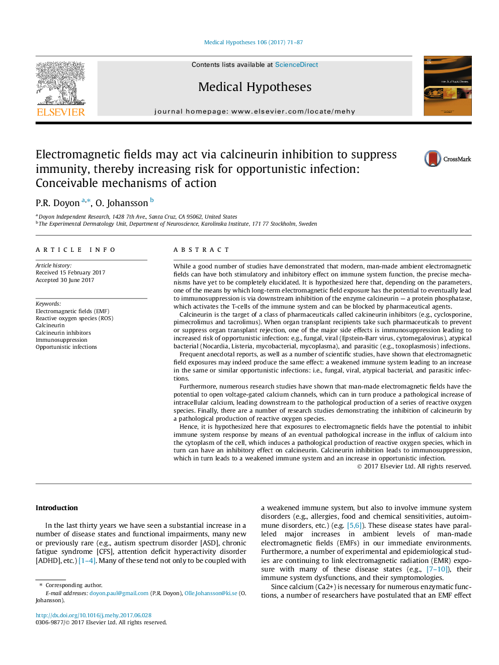 Electromagnetic fields may act via calcineurin inhibition to suppress immunity, thereby increasing risk for opportunistic infection: Conceivable mechanisms of action