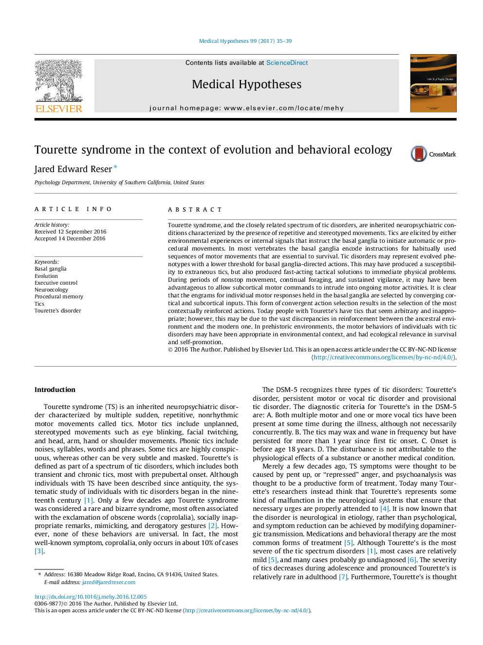 Tourette syndrome in the context of evolution and behavioral ecology