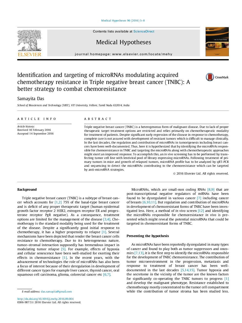 Identification and targeting of microRNAs modulating acquired chemotherapy resistance in Triple negative breast cancer (TNBC): A better strategy to combat chemoresistance