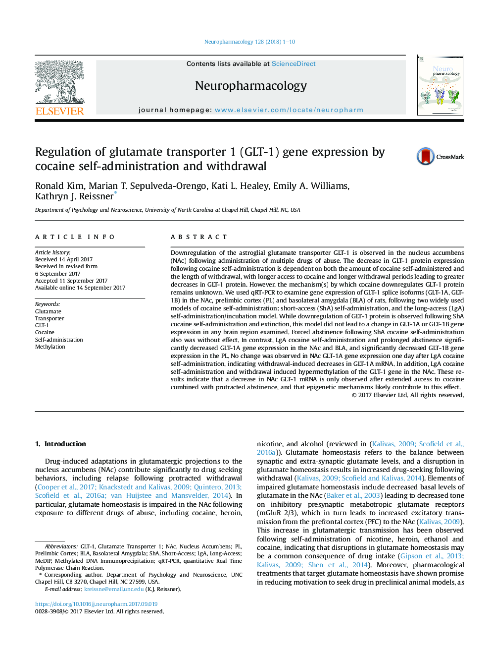 Regulation of glutamate transporter 1 (GLT-1) gene expression by cocaine self-administration and withdrawal