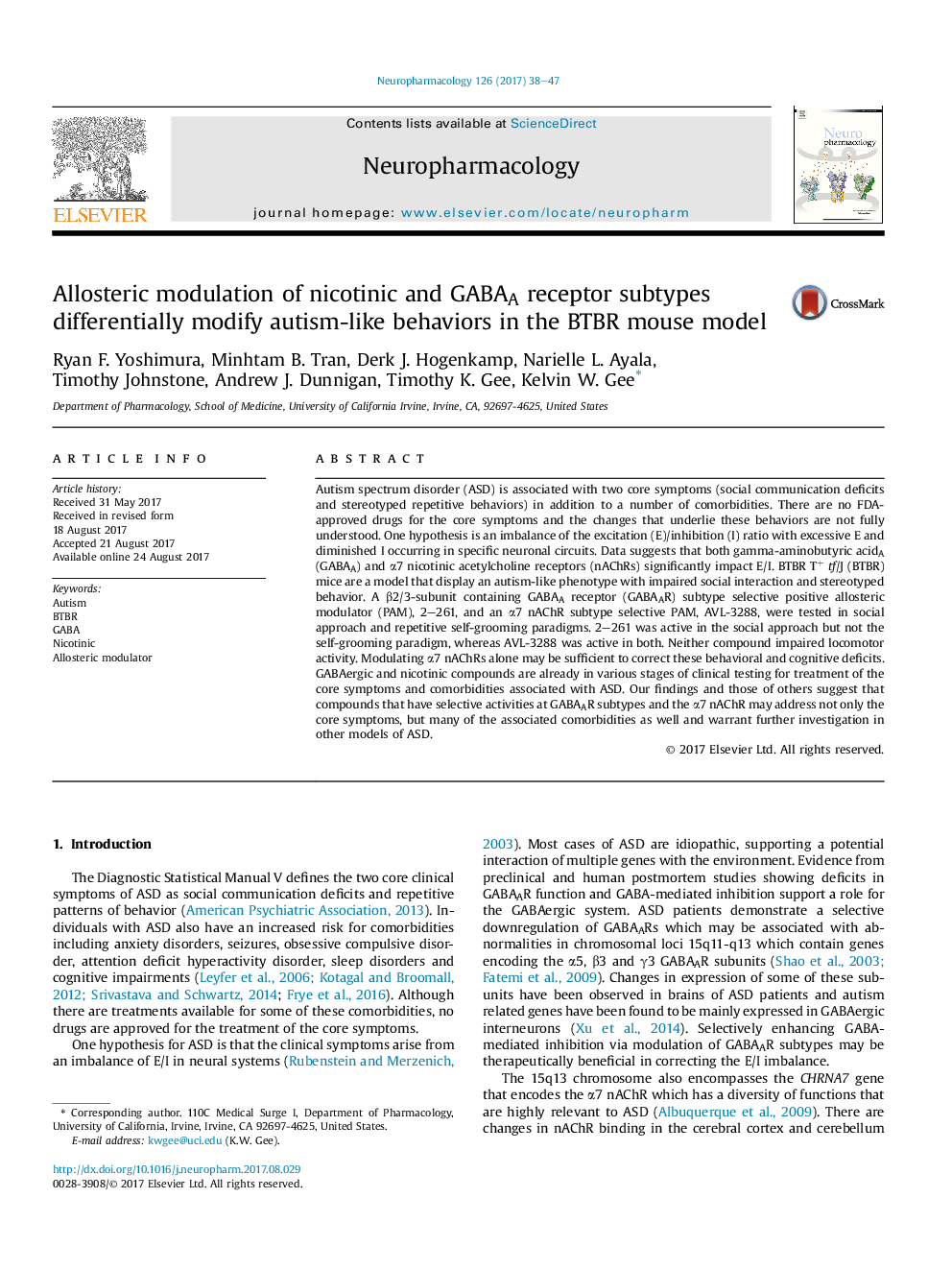 Allosteric modulation of nicotinic and GABAA receptor subtypes differentially modify autism-like behaviors in the BTBR mouse model