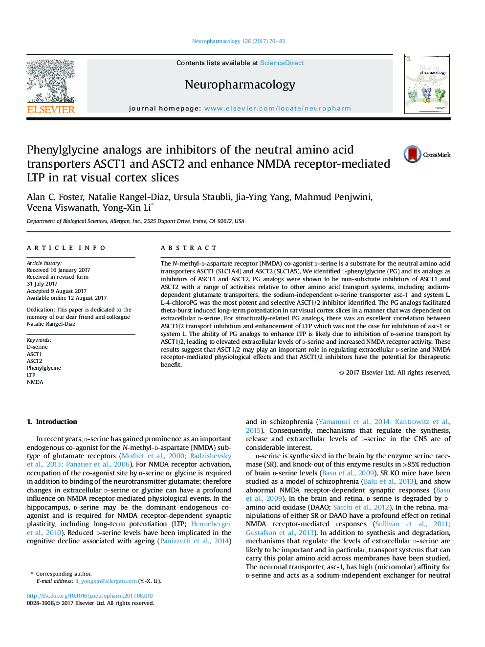 Phenylglycine analogs are inhibitors of the neutral amino acid transporters ASCT1 and ASCT2 and enhance NMDA receptor-mediated LTP in rat visual cortex slices