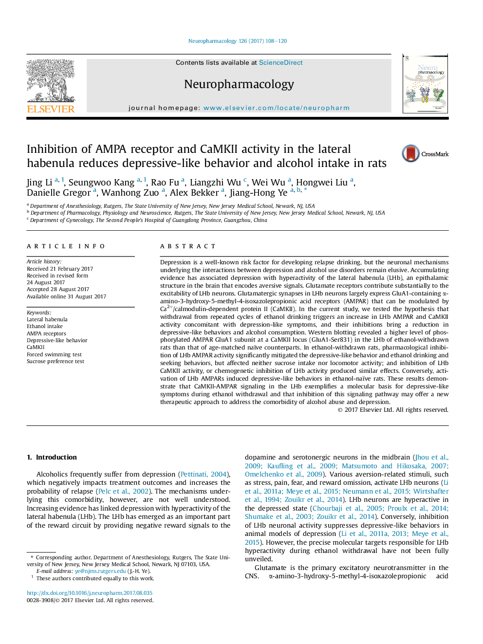 Inhibition of AMPA receptor and CaMKII activity in the lateral habenula reduces depressive-like behavior and alcohol intake in rats