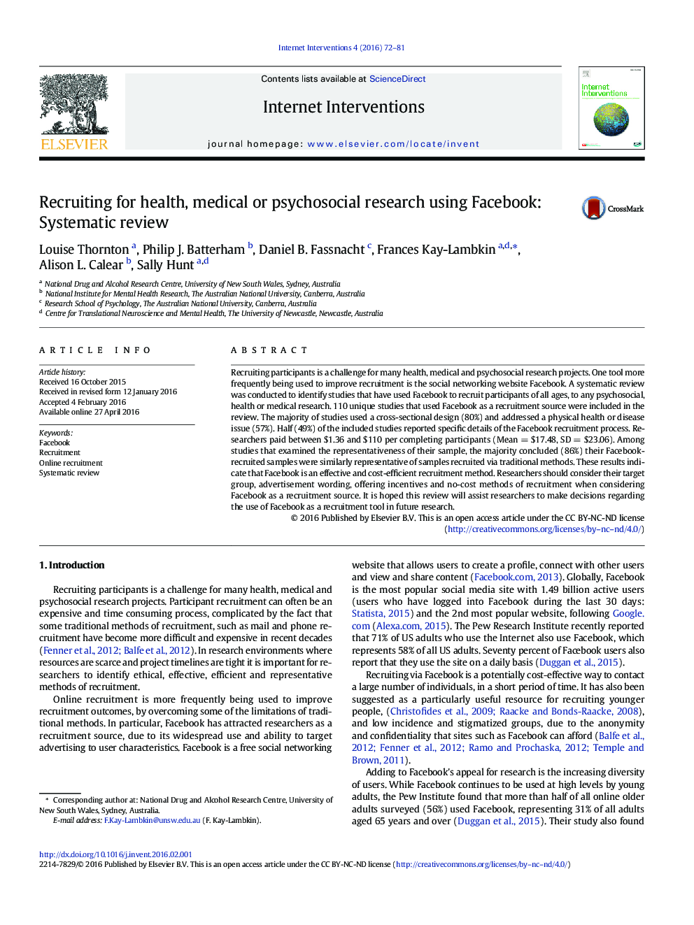 Recruiting for health, medical or psychosocial research using Facebook: Systematic review