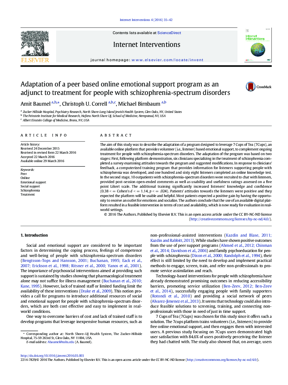 Adaptation of a peer based online emotional support program as an adjunct to treatment for people with schizophrenia-spectrum disorders