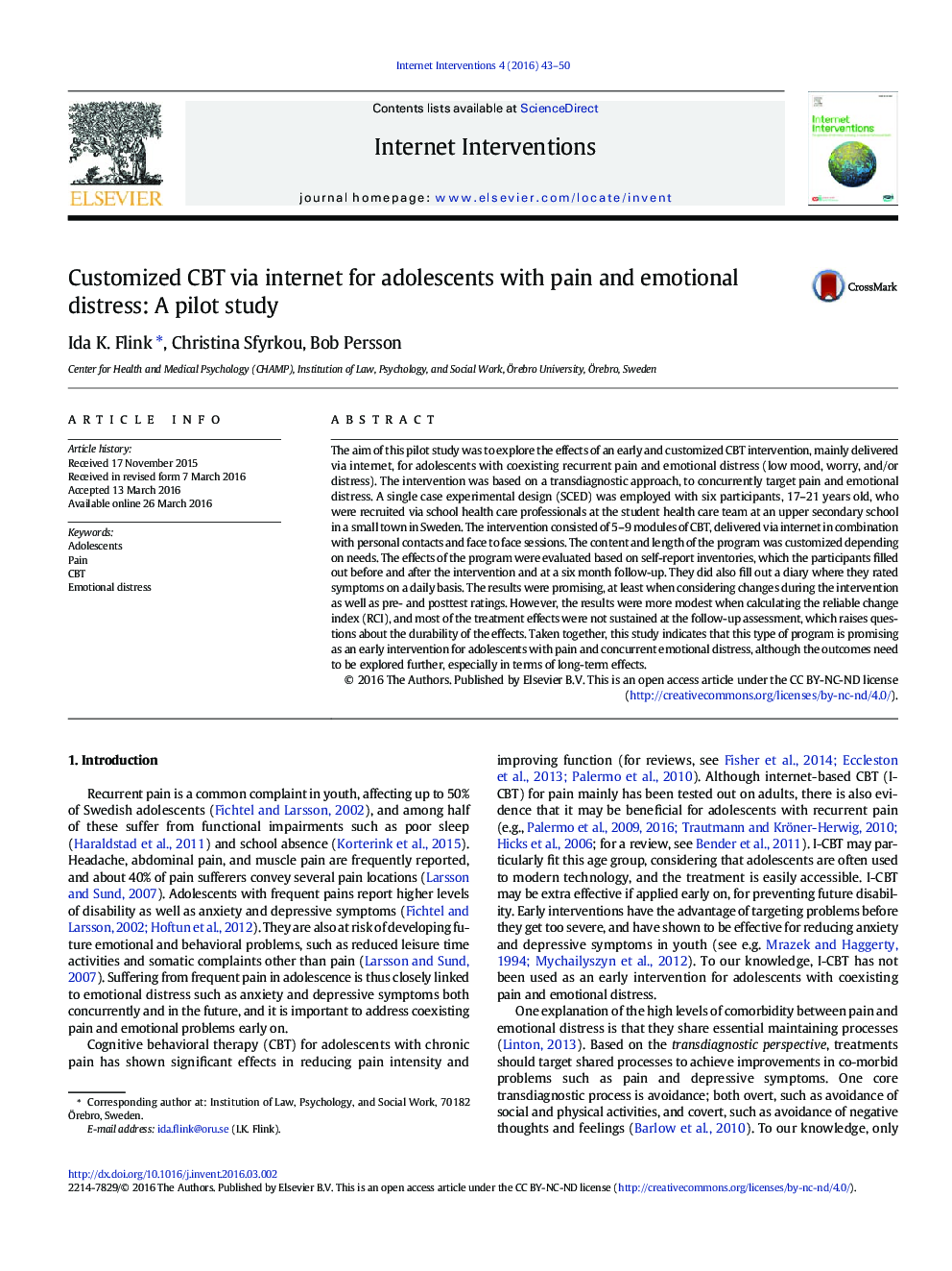 Customized CBT via internet for adolescents with pain and emotional distress: A pilot study