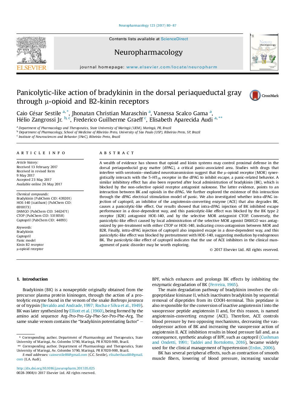 Panicolytic-like action of bradykinin in the dorsal periaqueductal gray through Î¼-opioid and B2-kinin receptors