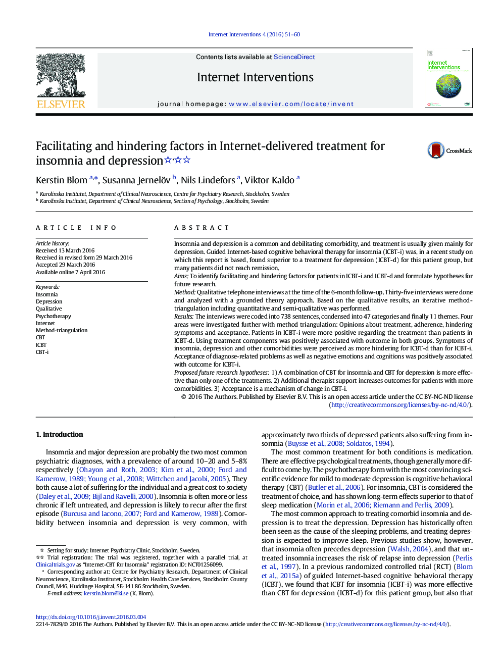 Facilitating and hindering factors in Internet-delivered treatment for insomnia and depression 