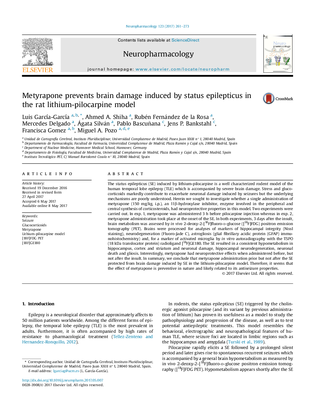 عکس صفحه اول مقاله: Metyrapone prevents brain damage induced by status epilepticus in the rat lithium-pilocarpine model Metyrapone prevents brain damage induced by status epilepticus in the rat lithium-pilocarpine model