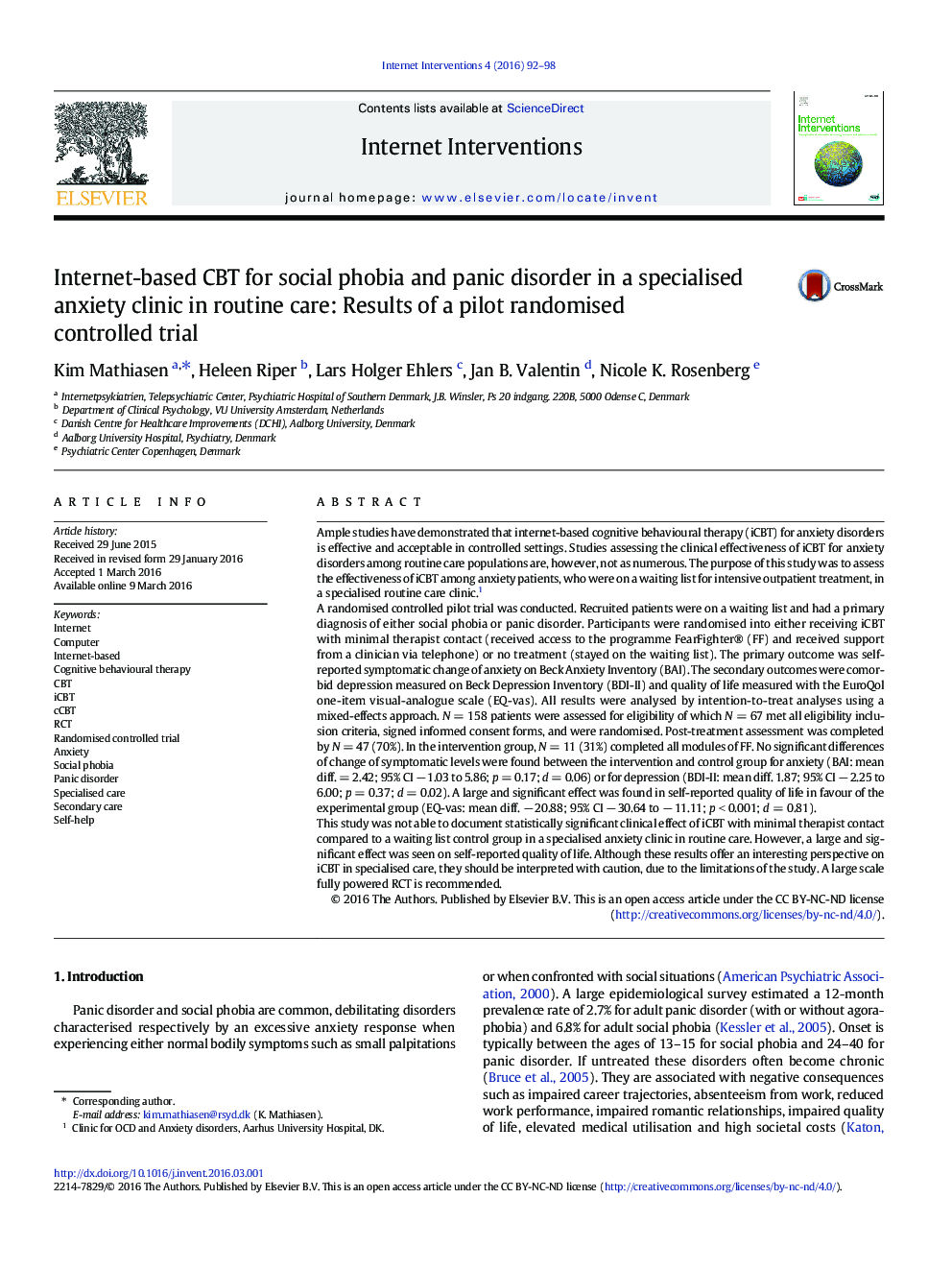 Internet-based CBT for social phobia and panic disorder in a specialised anxiety clinic in routine care: Results of a pilot randomised controlled trial