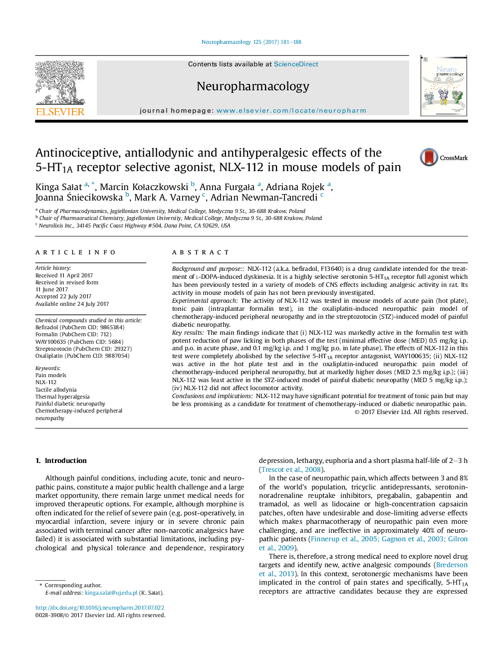 Antinociceptive, antiallodynic and antihyperalgesic effects of the 5-HT1A receptor selective agonist, NLX-112 in mouse models of pain