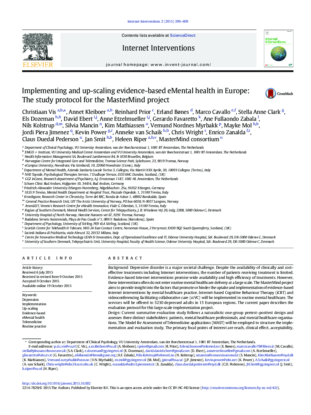 عکس صفحه اول مقاله: Implementing and up-scaling evidence-based eMental health in Europe: The study protocol for the MasterMind project Implementing and up-scaling evidence-based eMental health in Europe: The study protocol for the MasterMind project