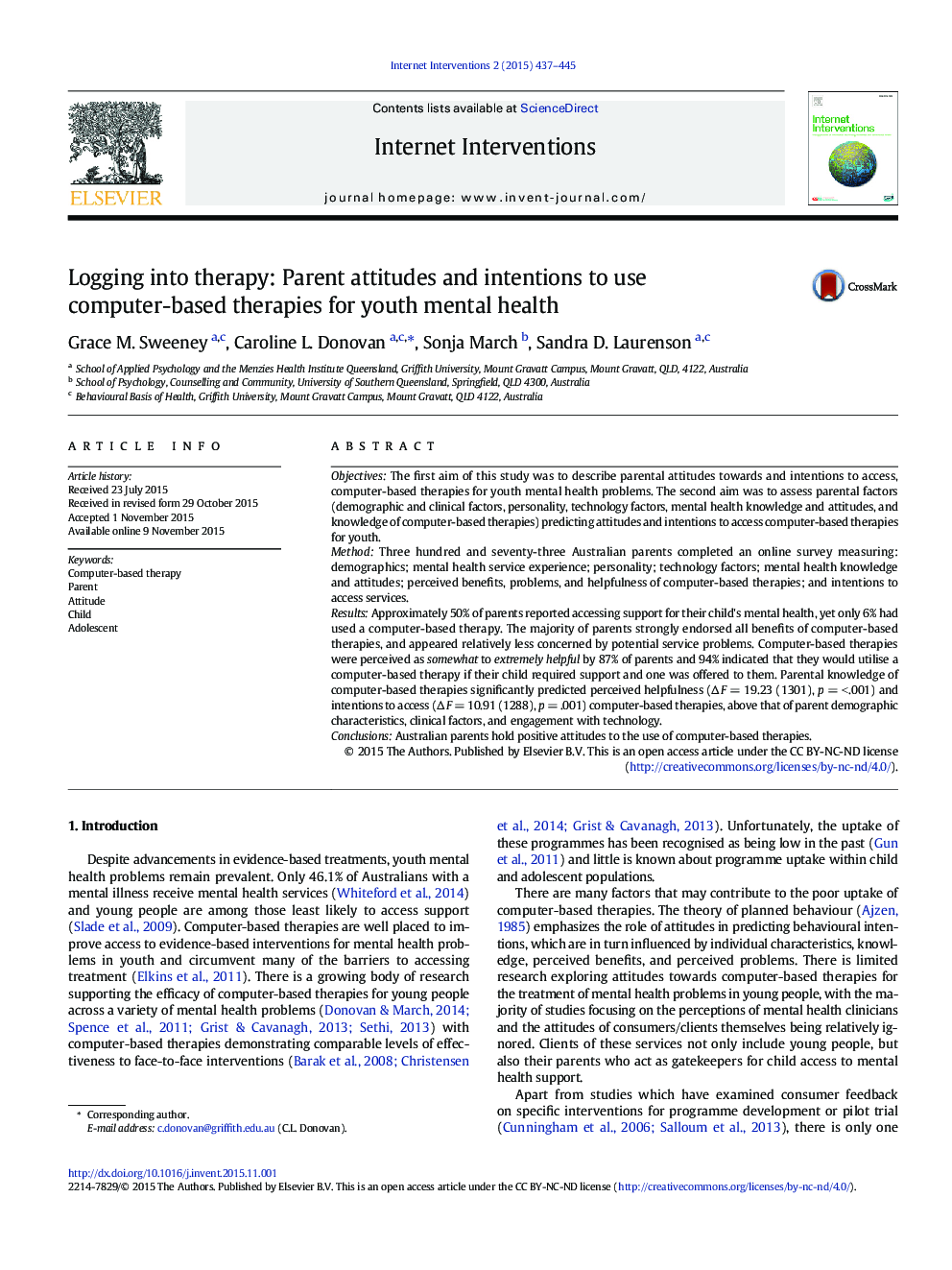 Logging into therapy: Parent attitudes and intentions to use computer-based therapies for youth mental health