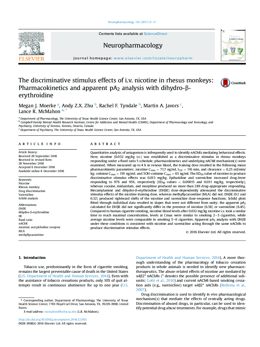 The discriminative stimulus effects of i.v. nicotine in rhesus monkeys: Pharmacokinetics and apparent pA2 analysis with dihydro-Î²-erythroidine