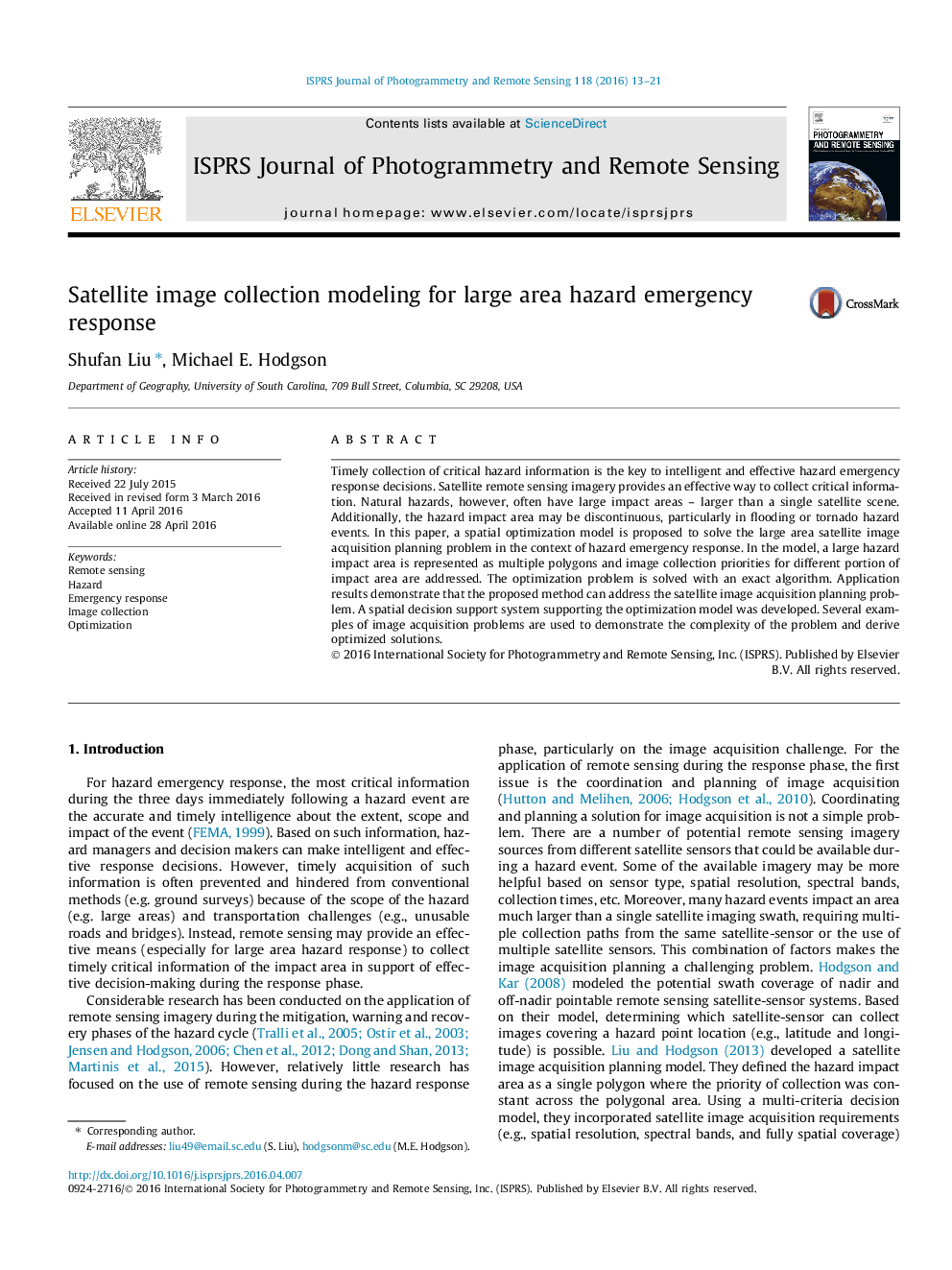 Satellite image collection modeling for large area hazard emergency response