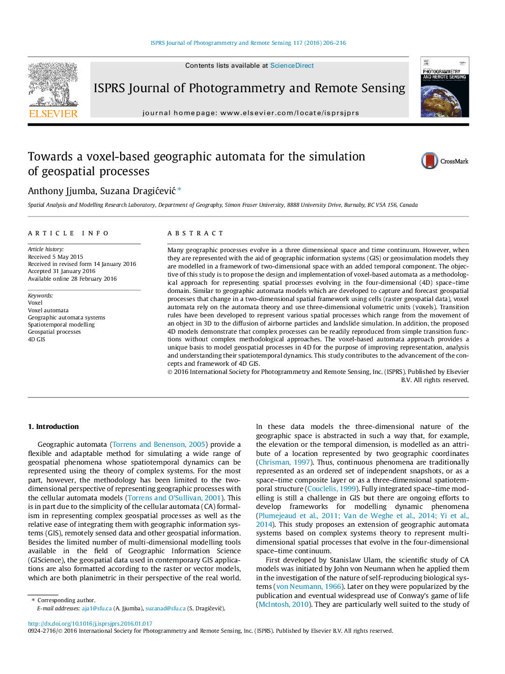 Towards a voxel-based geographic automata for the simulation of geospatial processes