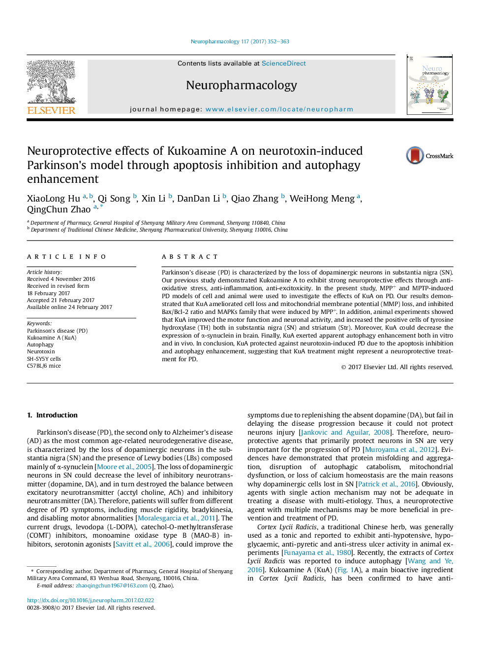 Neuroprotective effects of Kukoamine A on neurotoxin-induced Parkinson's model through apoptosis inhibition and autophagy enhancement