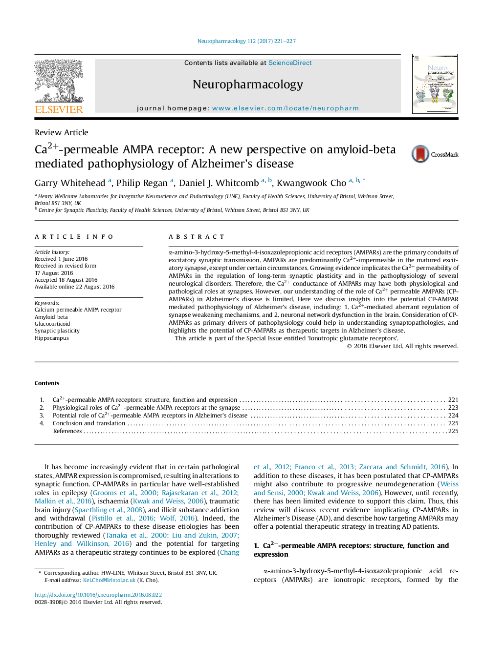 Ca2+-permeable AMPA receptor: A new perspective on amyloid-beta mediated pathophysiology of Alzheimer's disease