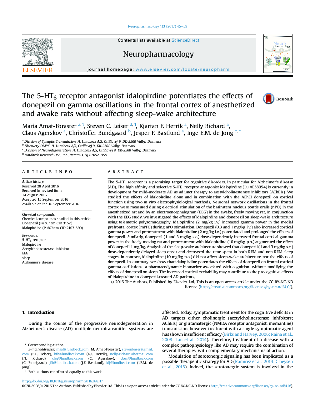 The 5-HT6 receptor antagonist idalopirdine potentiates the effects of donepezil on gamma oscillations in the frontal cortex of anesthetized and awake rats without affecting sleep-wake architecture