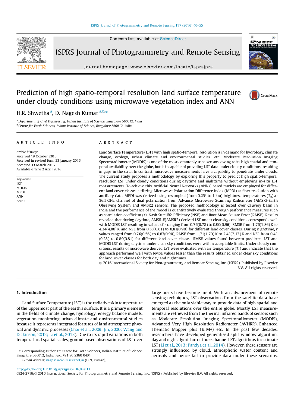 Prediction of high spatio-temporal resolution land surface temperature under cloudy conditions using microwave vegetation index and ANN