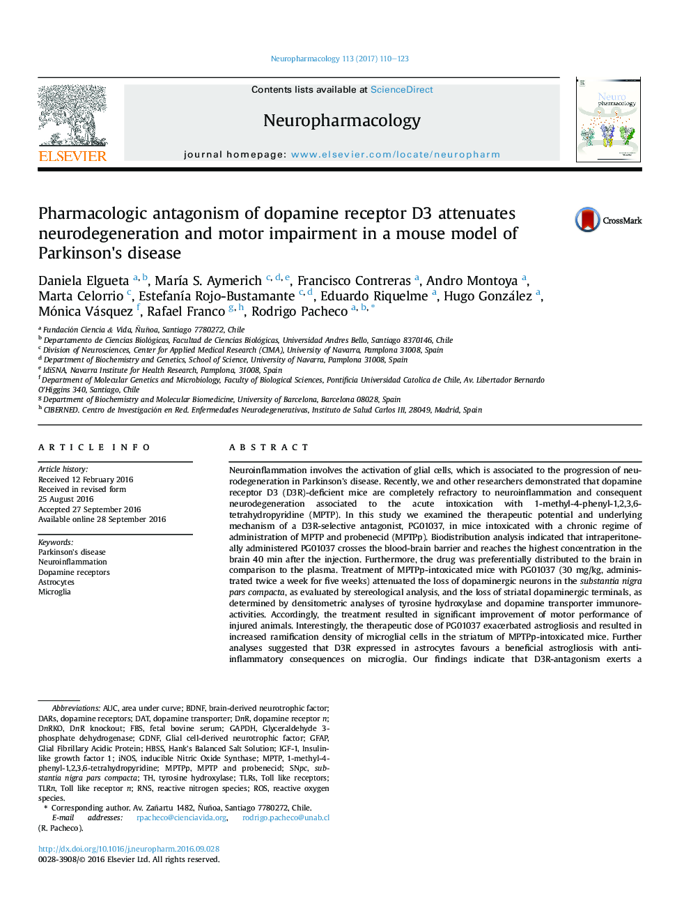 Pharmacologic antagonism of dopamine receptor D3 attenuates neurodegeneration and motor impairment in a mouse model of Parkinson's disease