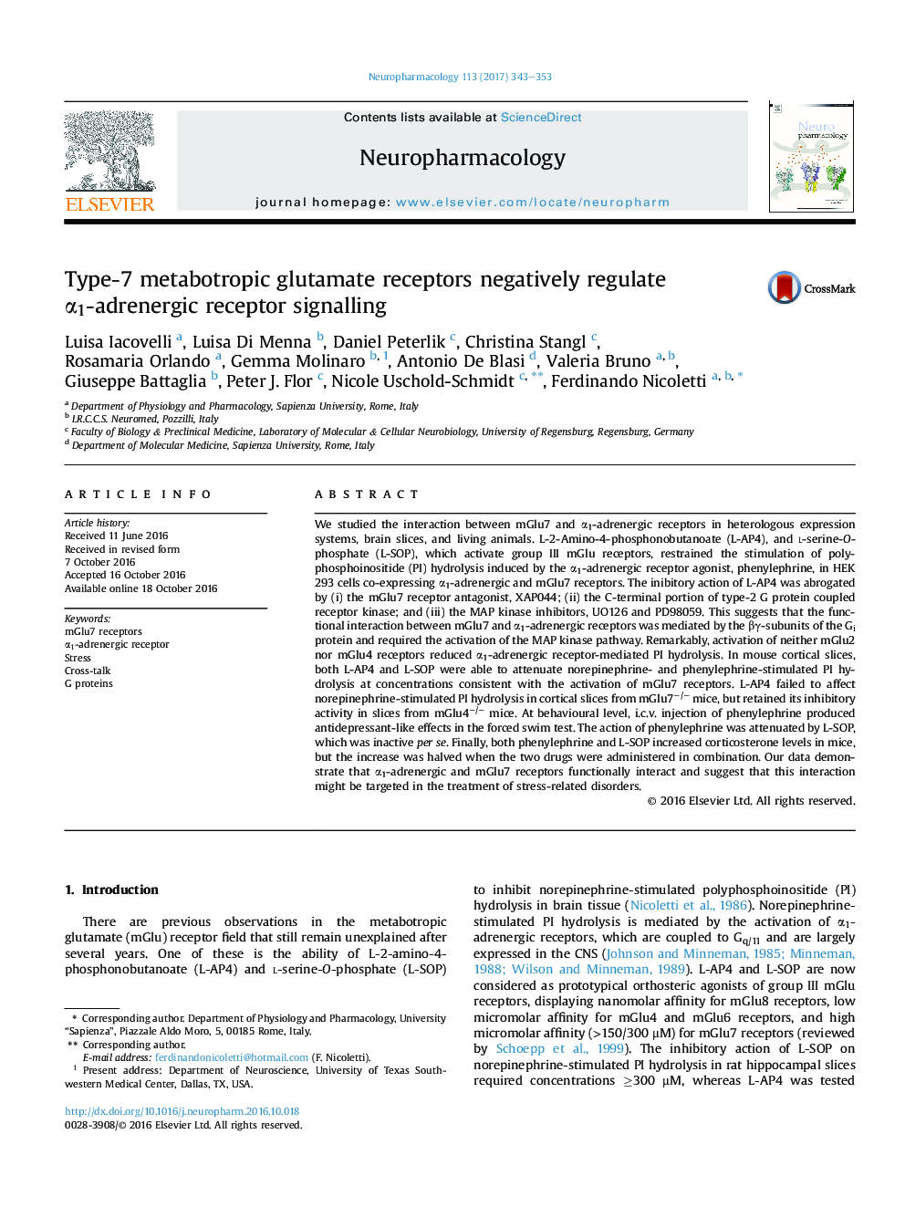 Type-7 metabotropic glutamate receptors negatively regulate Î±1-adrenergic receptor signalling