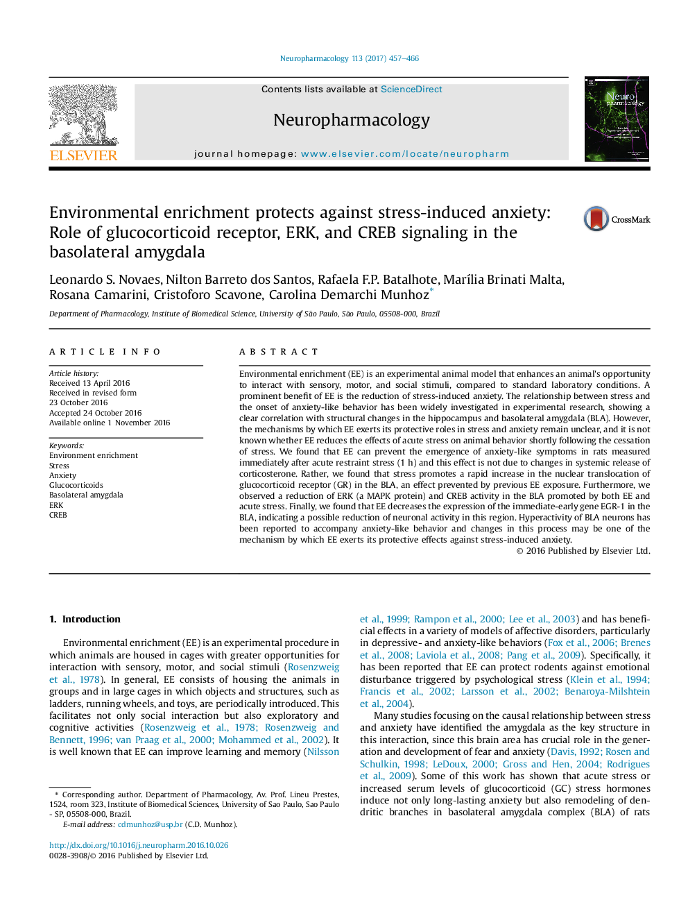 Environmental enrichment protects against stress-induced anxiety: Role of glucocorticoid receptor, ERK, and CREB signaling in the basolateral amygdala