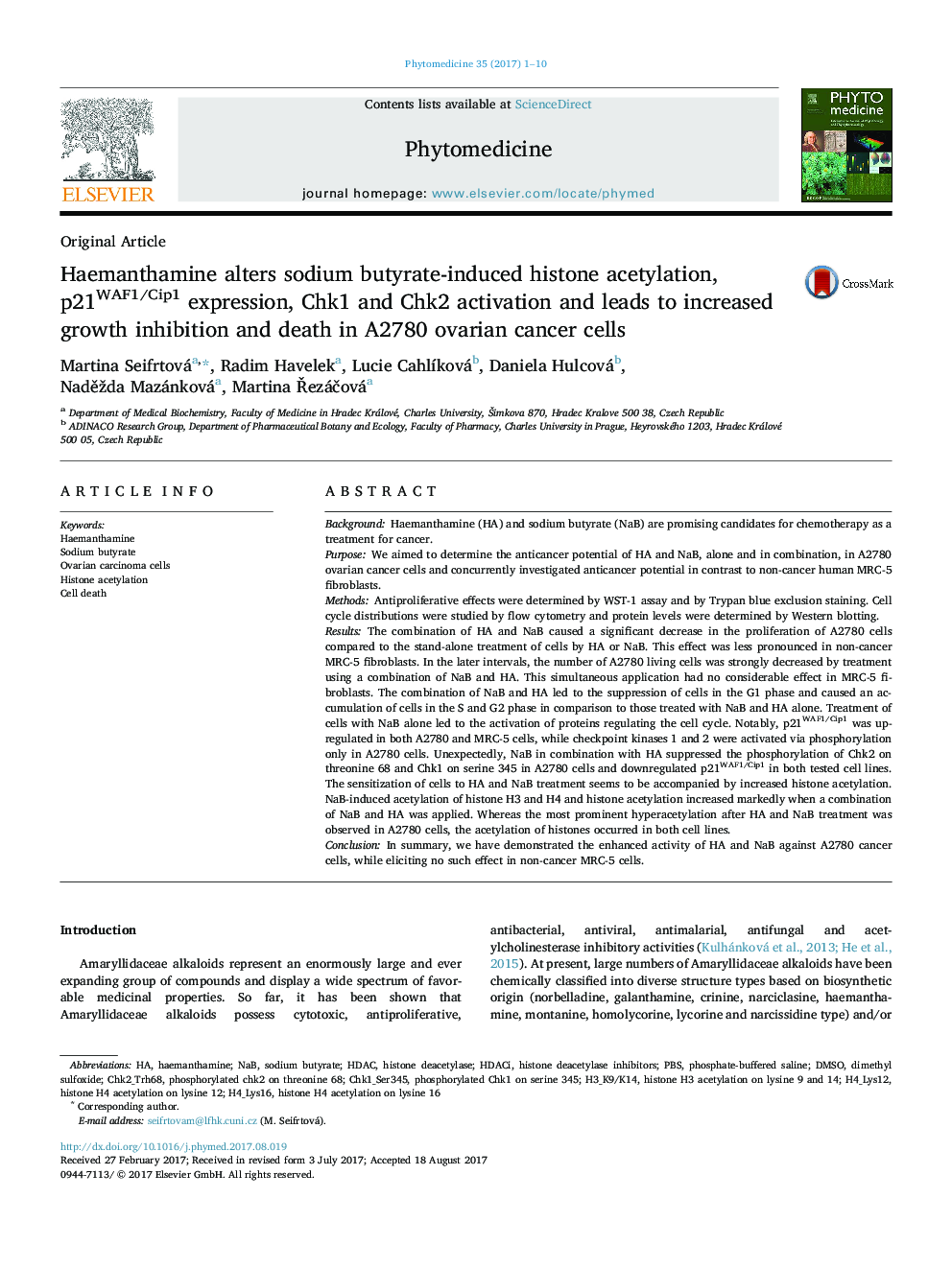 Haemanthamine alters sodium butyrate-induced histone acetylation, p21WAF1/Cip1 expression, Chk1 and Chk2 activation and leads to increased growth inhibition and death in A2780 ovarian cancer cells