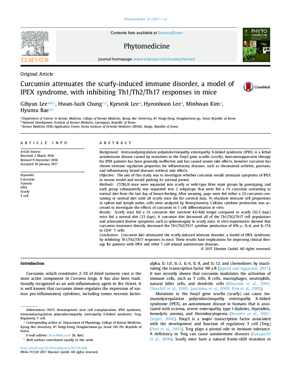 Curcumin attenuates the scurfy-induced immune disorder, a model of IPEX syndrome, with inhibiting Th1/Th2/Th17 responses in mice