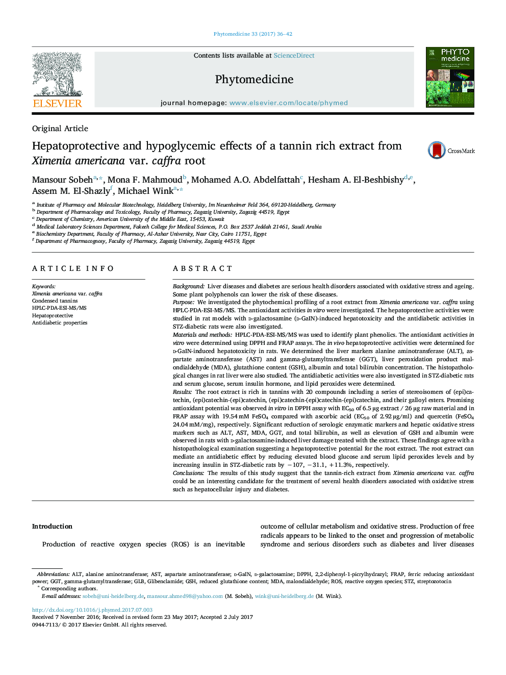 Hepatoprotective and hypoglycemic effects of a tannin rich extract from Ximenia americana var. caffra root