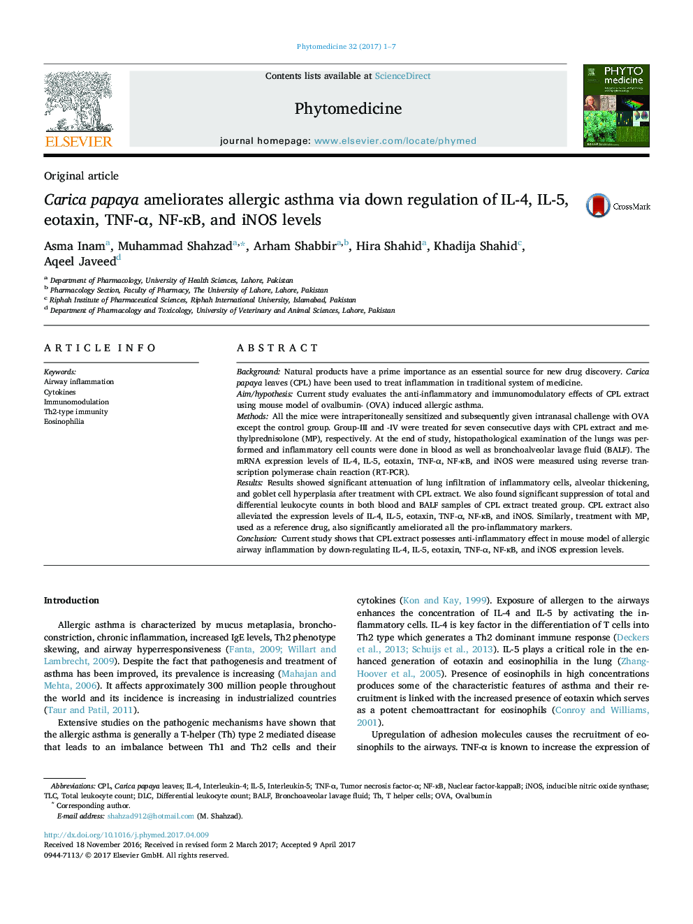 Carica papaya ameliorates allergic asthma via down regulation of IL-4, IL-5, eotaxin, TNF-Î±, NF-Ä¸B, and iNOS levels