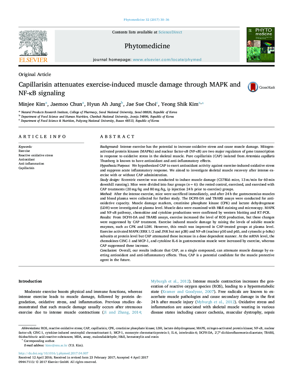 Capillarisin attenuates exercise-induced muscle damage through MAPK and NF-ÎºB signaling