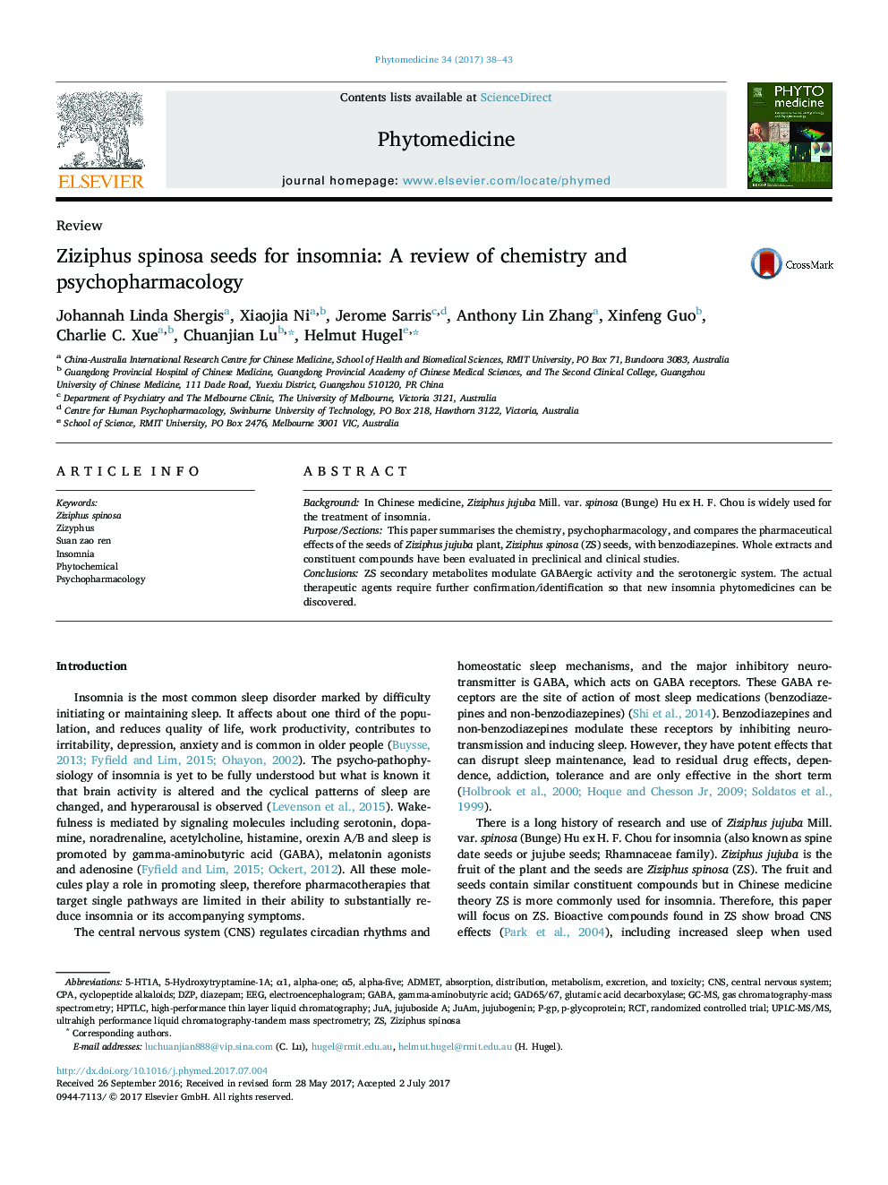 Ziziphus spinosa seeds for insomnia: A review of chemistry and psychopharmacology