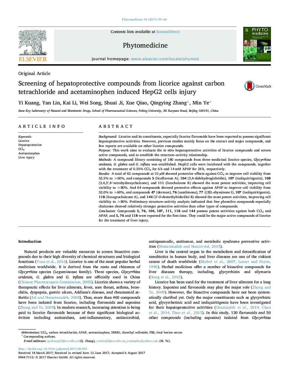 Screening of hepatoprotective compounds from licorice against carbon tetrachloride and acetaminophen induced HepG2 cells injury