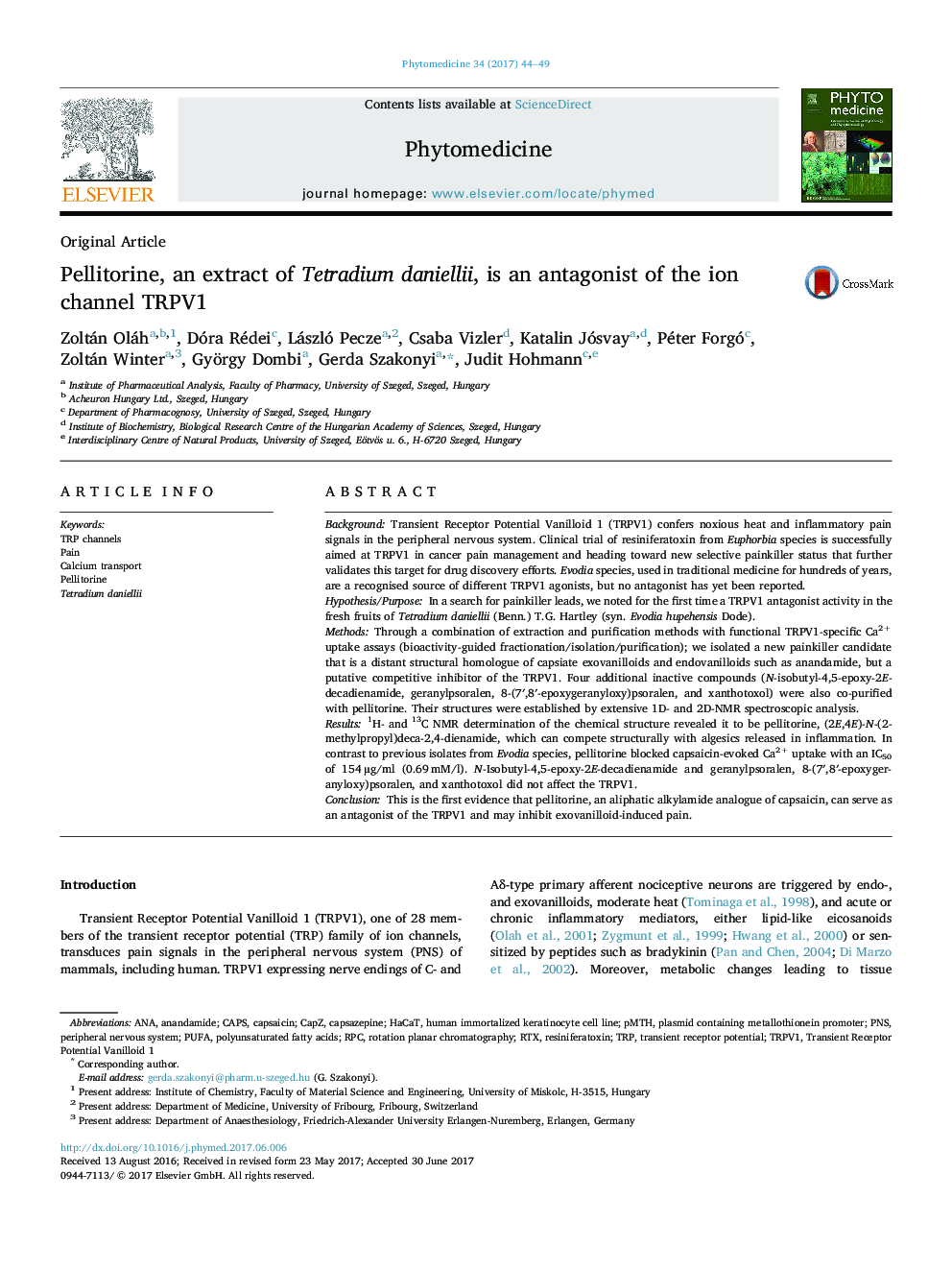 Pellitorine, an extract of Tetradium daniellii, is an antagonist of the ion channel TRPV1