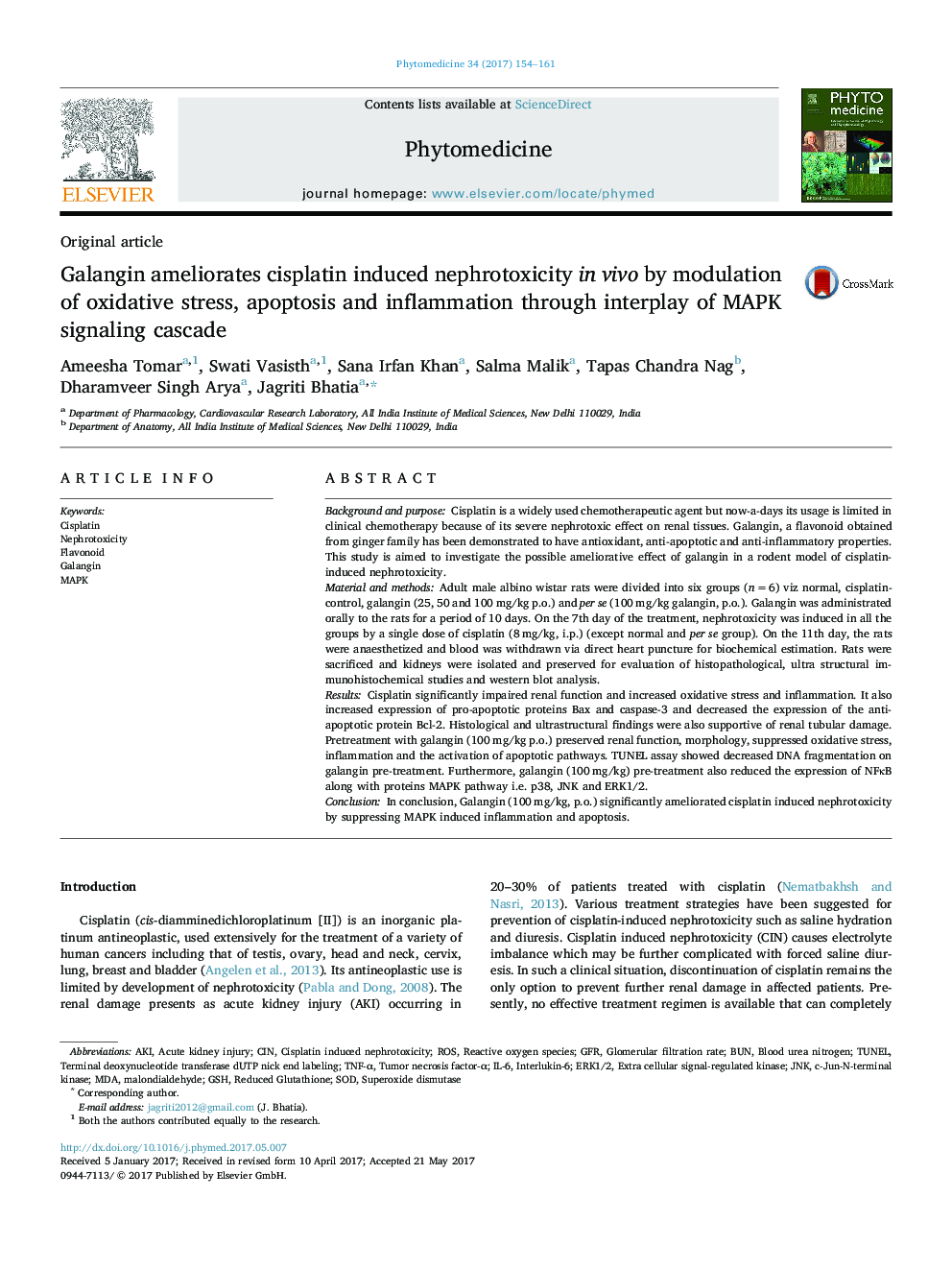 Galangin ameliorates cisplatin induced nephrotoxicity in vivo by modulation of oxidative stress, apoptosis and inflammation through interplay of MAPK signaling cascade