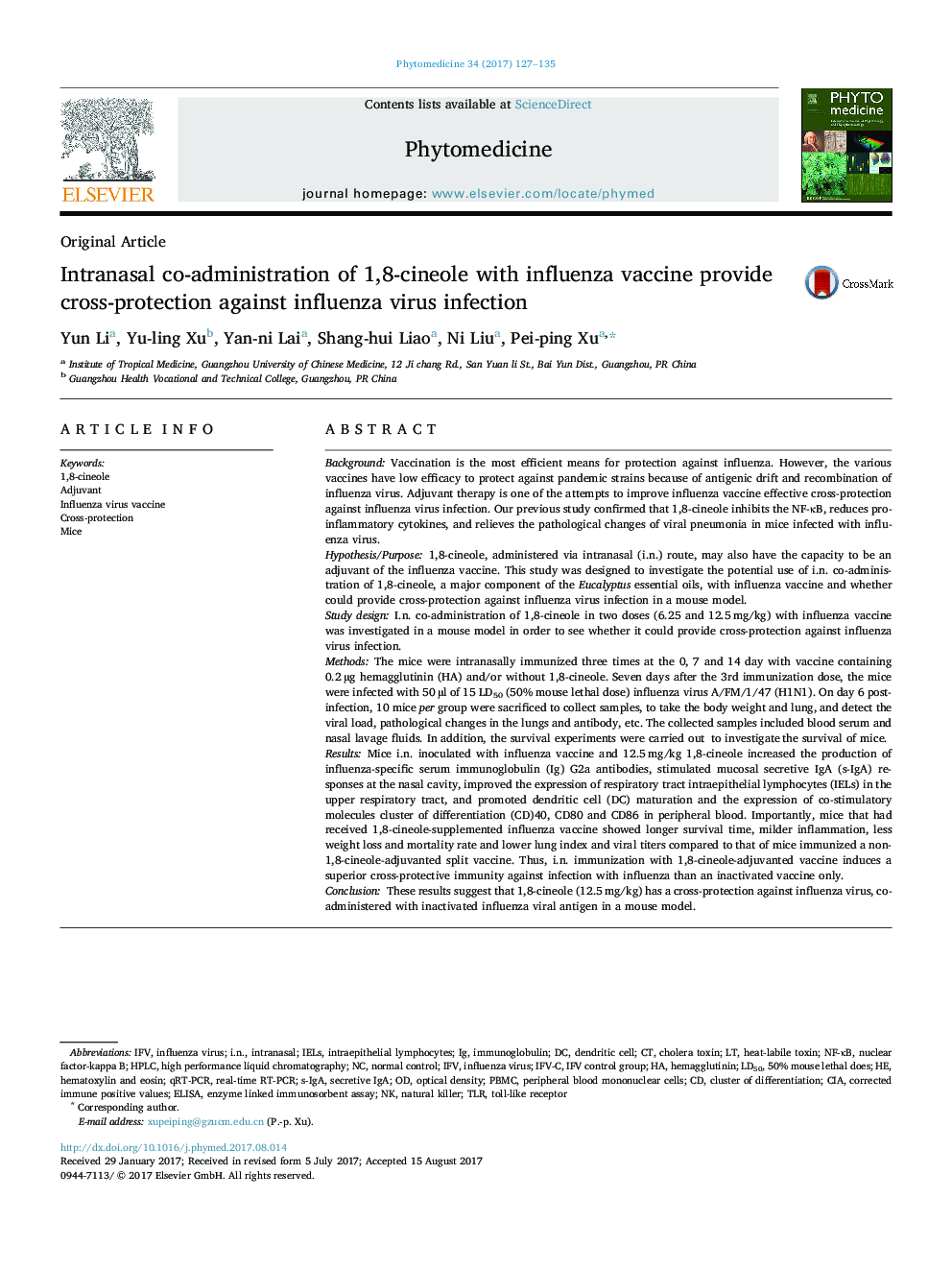 Intranasal co-administration of 1,8-cineole with influenza vaccine provide cross-protection against influenza virus infection