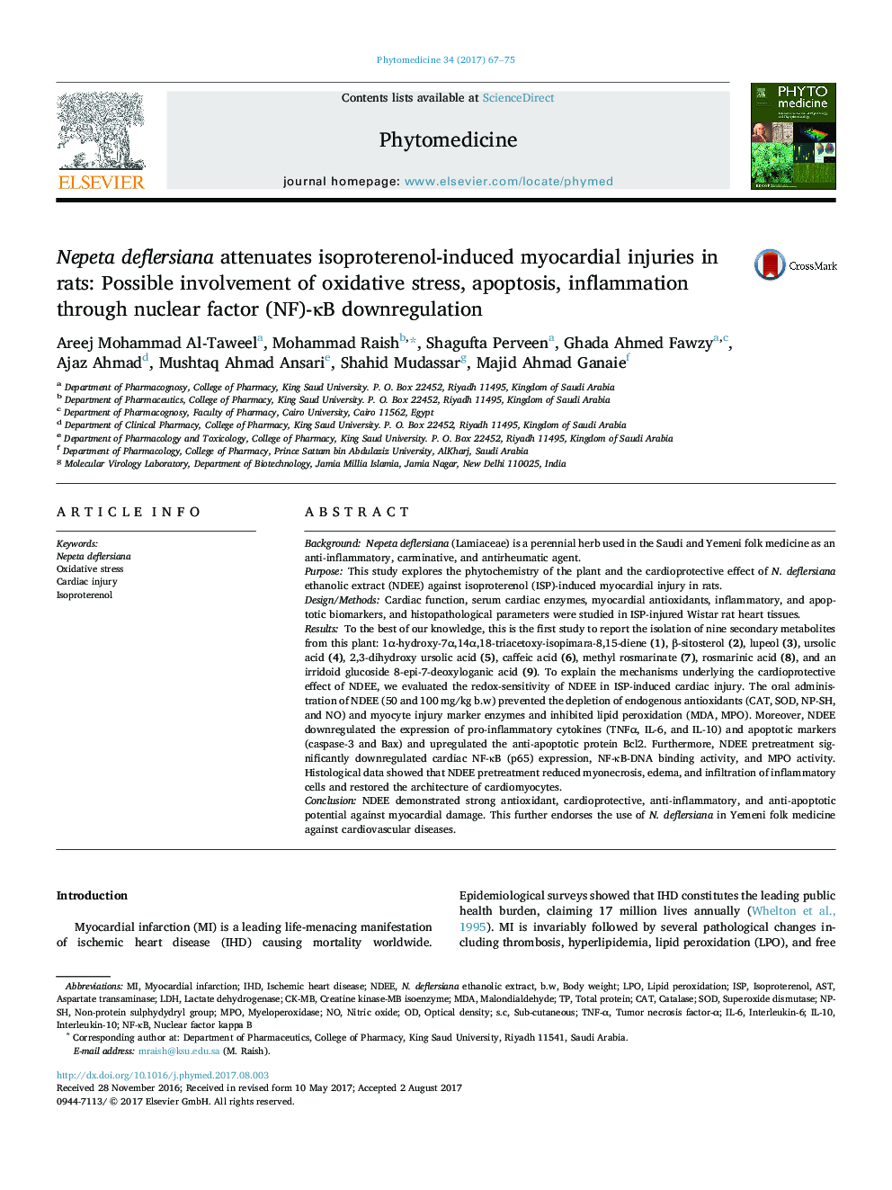 Nepeta deflersiana attenuates isoproterenol-induced myocardial injuries in rats: Possible involvement of oxidative stress, apoptosis, inflammation through nuclear factor (NF)-ÎºB downregulation