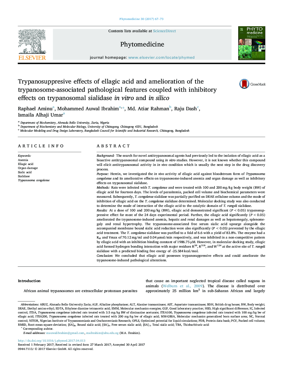 Trypanosuppresive effects of ellagic acid and amelioration of the trypanosome-associated pathological features coupled with inhibitory effects on trypanosomal sialidase in vitro and in silico