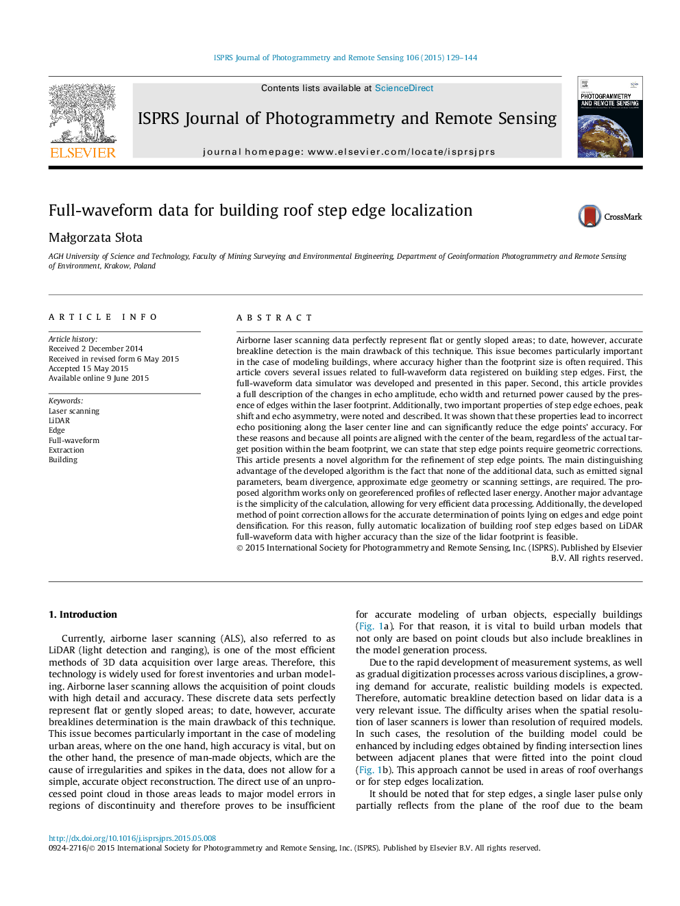 Full-waveform data for building roof step edge localization