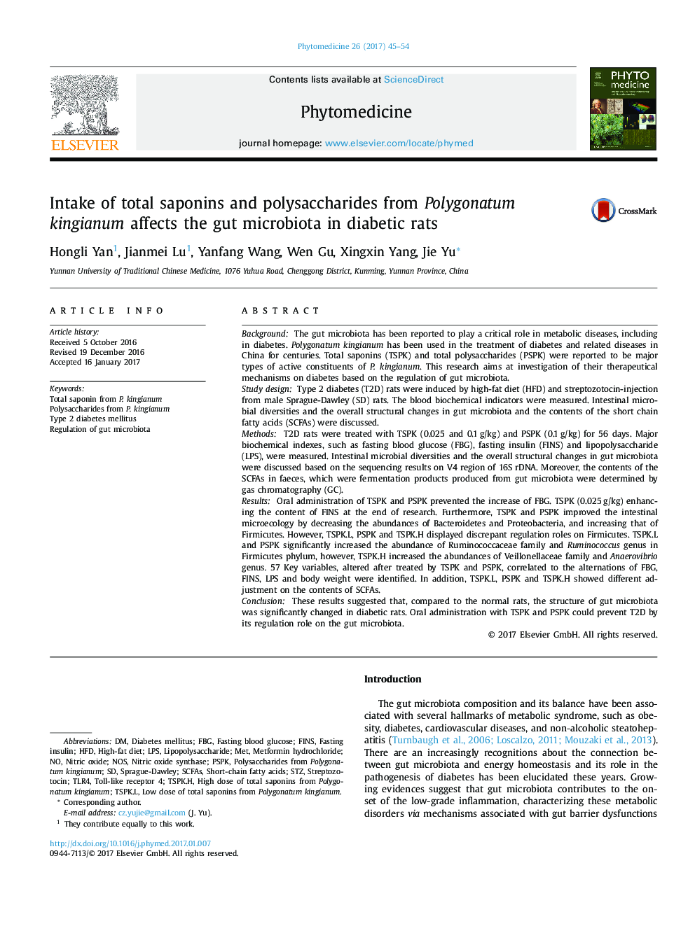 Intake of total saponins and polysaccharides from Polygonatum kingianum affects the gut microbiota in diabetic rats