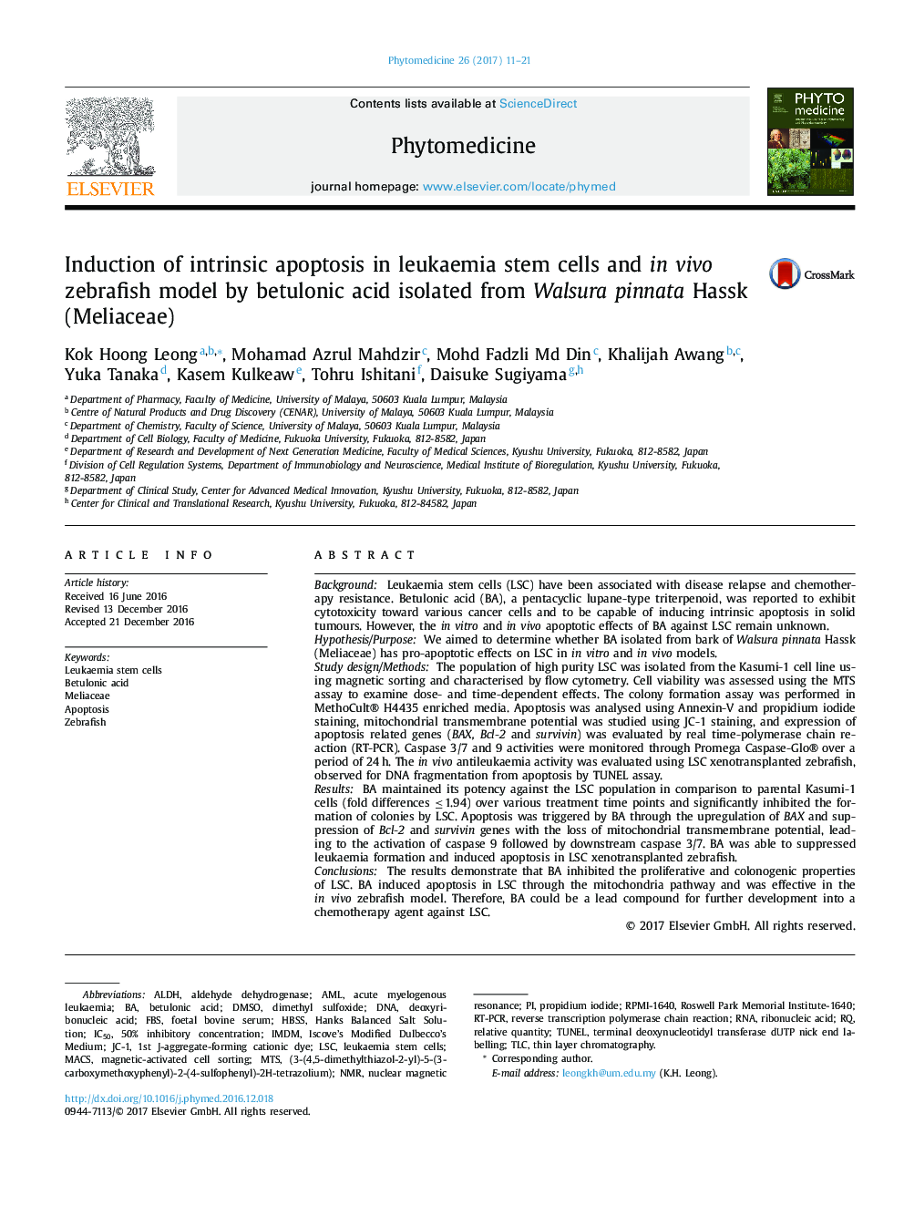 Induction of intrinsic apoptosis in leukaemia stem cells and in vivo zebrafish model by betulonic acid isolated from Walsura pinnata Hassk (Meliaceae)