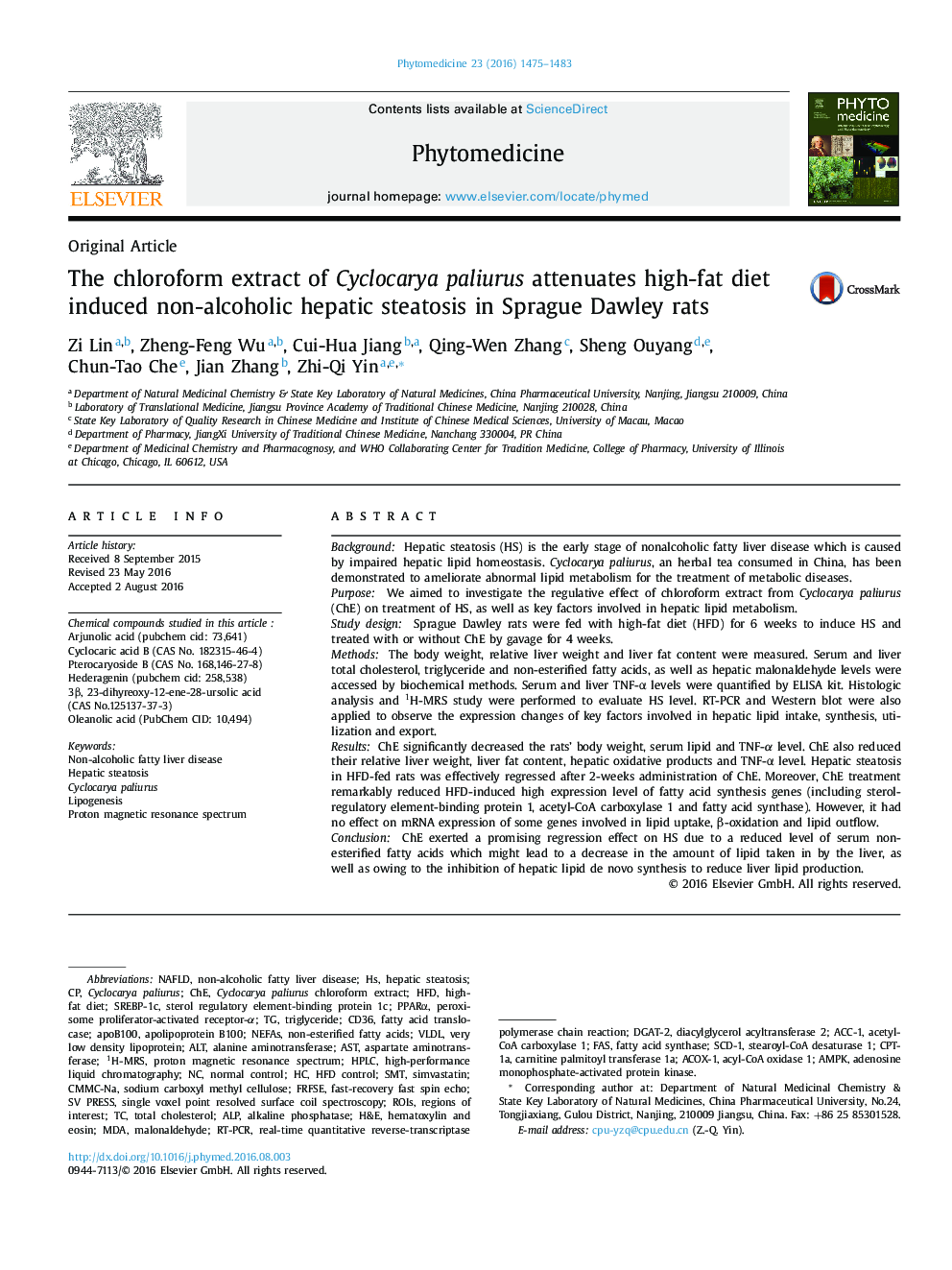 The chloroform extract of Cyclocarya paliurus attenuates high-fat diet induced non-alcoholic hepatic steatosis in Sprague Dawley rats