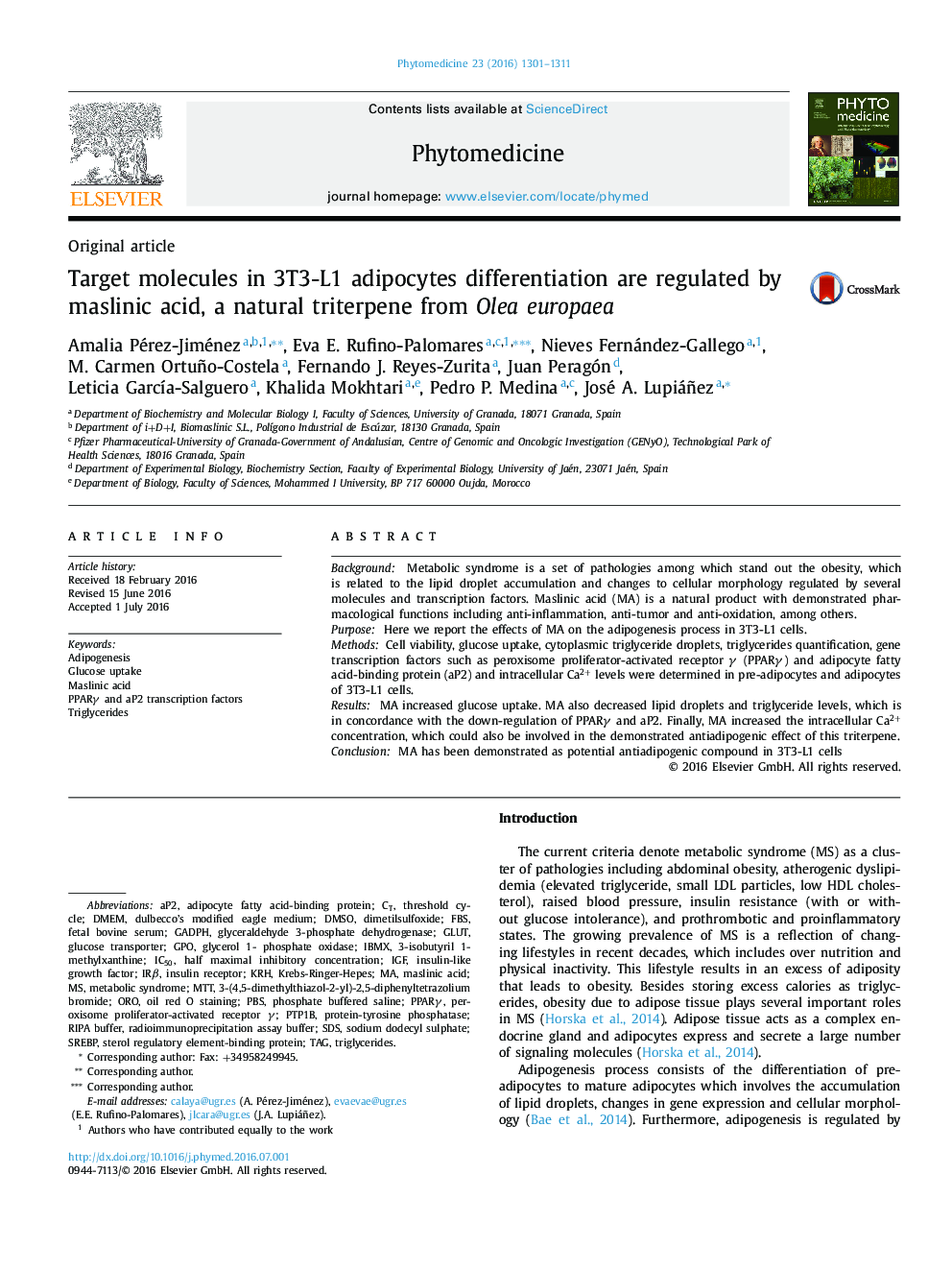 Target molecules in 3T3-L1 adipocytes differentiation are regulated by maslinic acid, a natural triterpene from Olea europaea