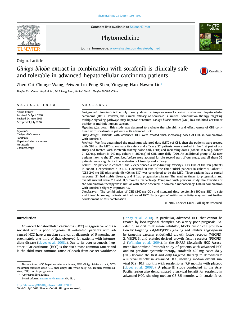 Ginkgo biloba extract in combination with sorafenib is clinically safe and tolerable in advanced hepatocellular carcinoma patients