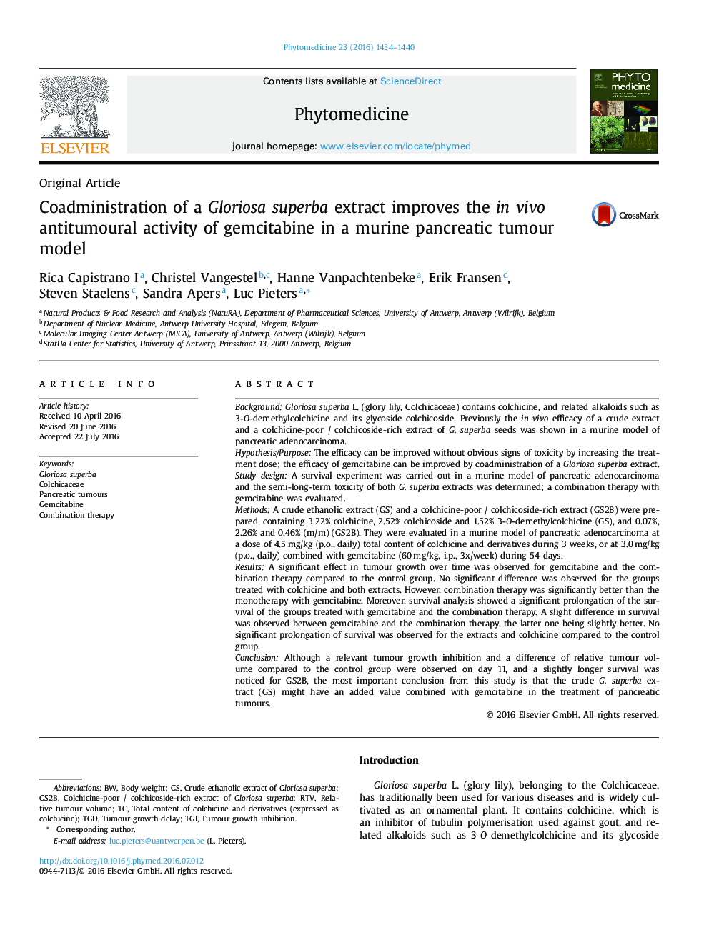 Coadministration of a Gloriosa superba extract improves the in vivo antitumoural activity of gemcitabine in a murine pancreatic tumour model